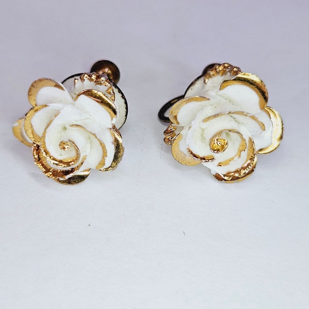 Vintage Porcelain White Rose Gold Accented Screw Back Earrings Made In England
